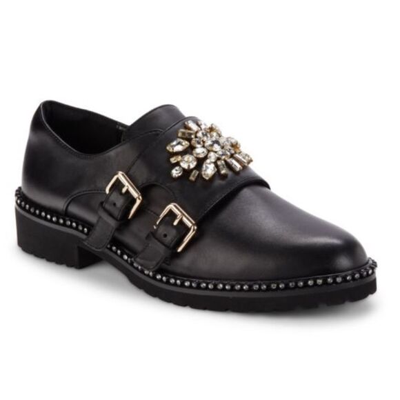 Kurt Geiger Women's Black Leather Rhinestone Loafers Sz EU 40.5 US 10.5 - Picture 1 of 17